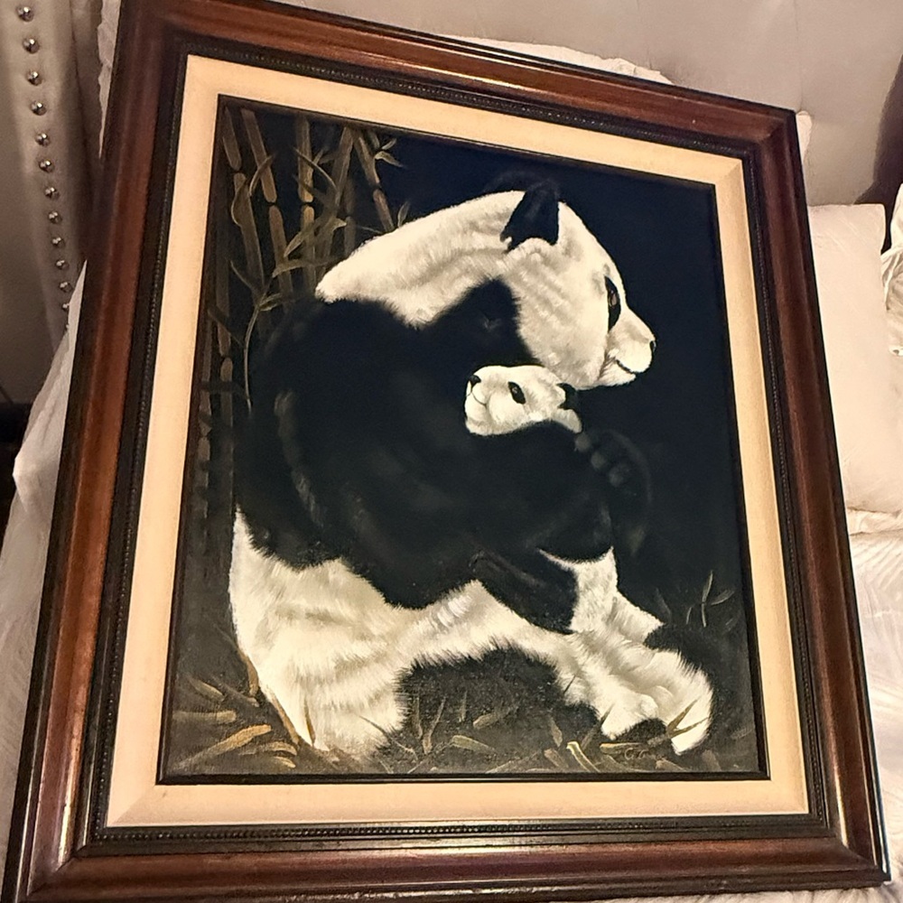 Vintage Panda and Cub Canvas Painting Original Certificate Framed